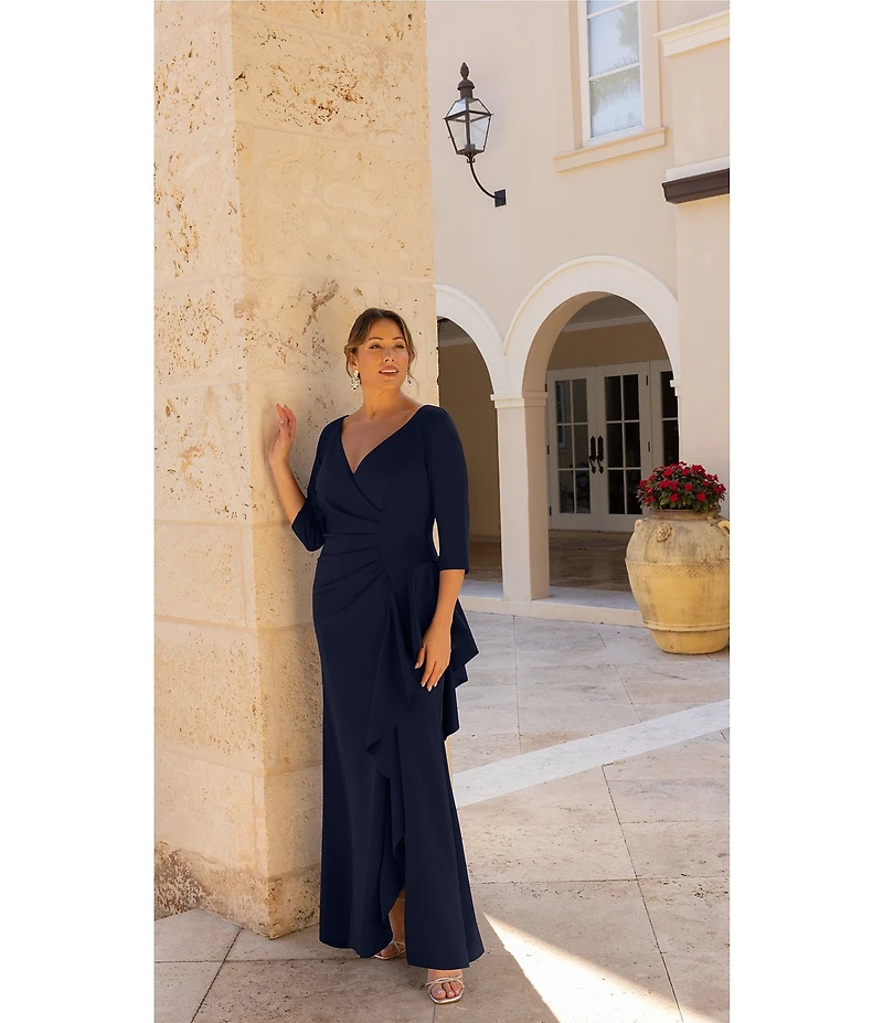 Xscape Plus Size 3/4 Sleeve Ruched Scuba Gown
