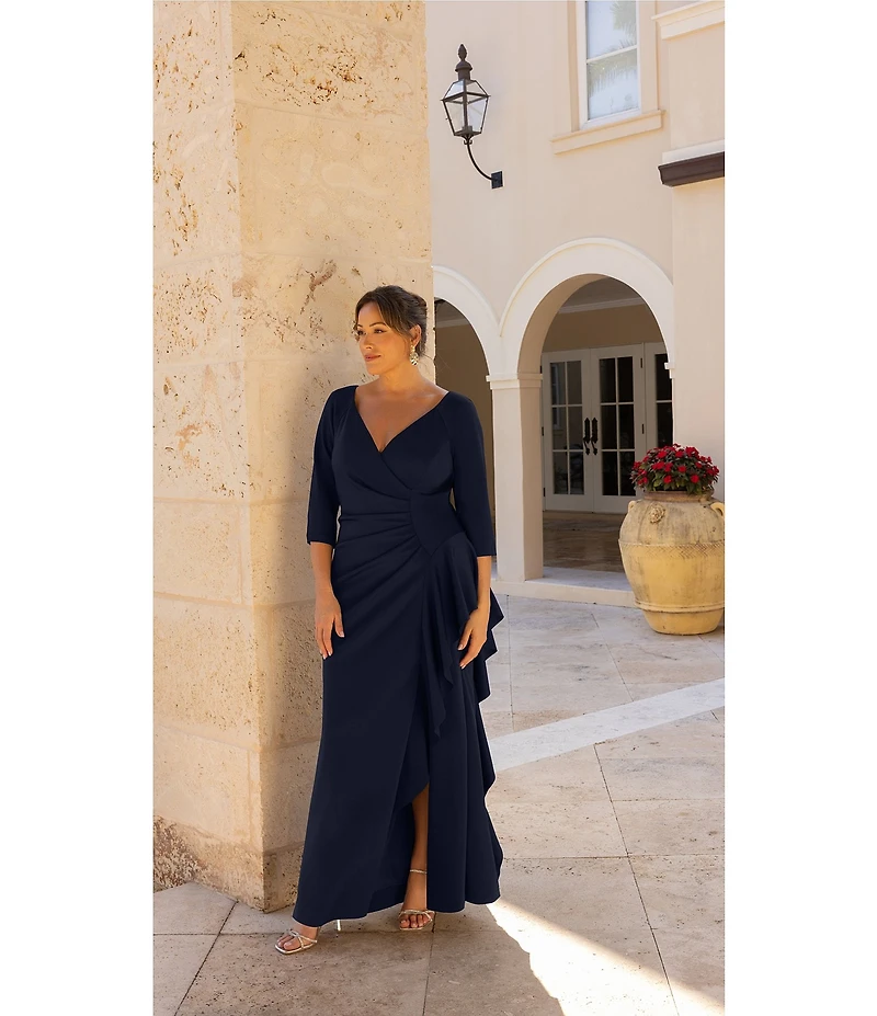 Xscape Plus Size 3/4 Sleeve Ruched Scuba Gown