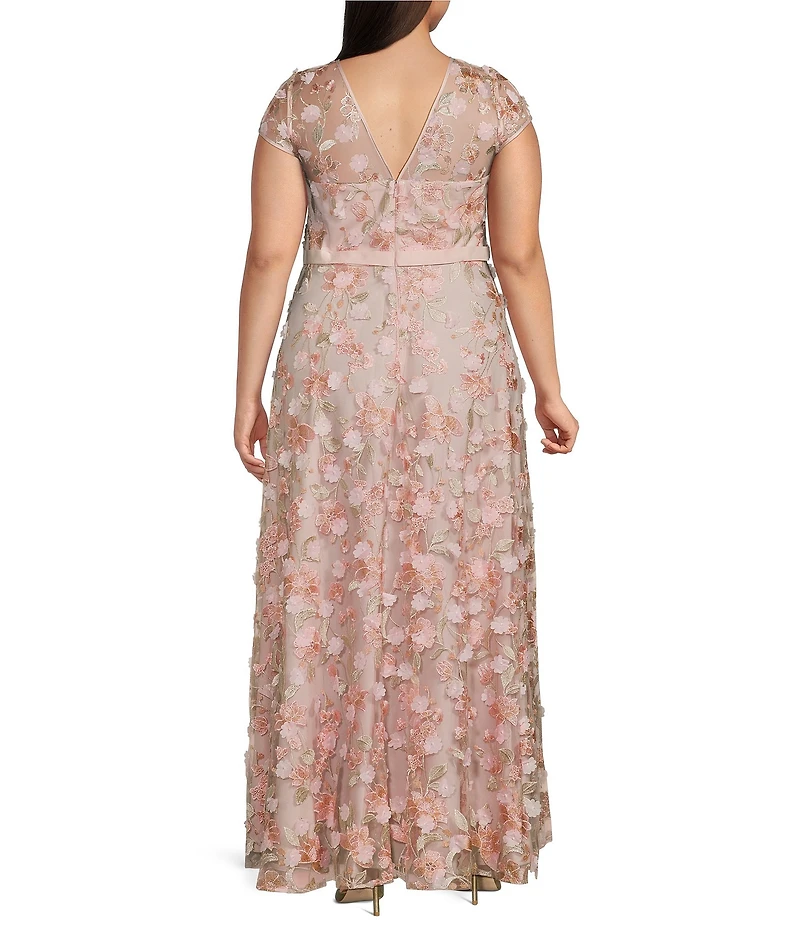 Xscape Plus Size 3D Floral Embroidered Crew Neck Cap Sleeve Gown