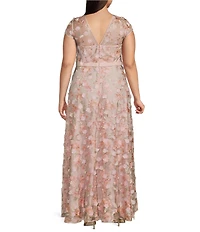 Xscape Plus Size 3D Floral Embroidered Crew Neck Cap Sleeve Gown