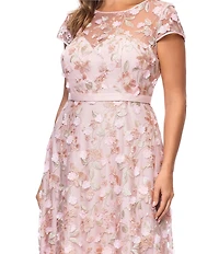 Xscape Plus Size 3D Floral Embroidered Crew Neck Cap Sleeve Gown