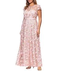Xscape Plus Size 3D Floral Embroidered Crew Neck Cap Sleeve Gown