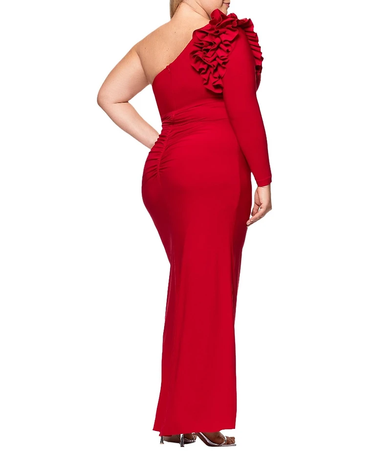 Xscape Plus Size Asymmetrical Ruffle Shoulder Long Sleeve Sheath Dress