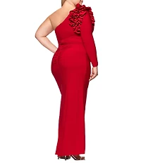 Xscape Plus Size Asymmetrical Ruffle Shoulder Long Sleeve Sheath Dress