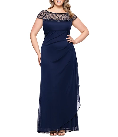 Xscape Plus Size Beaded Boat Neck Cap Sleeve Sheer Matte Jersey Gown