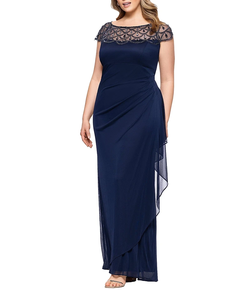 Xscape Plus Size Beaded Boat Neck Cap Sleeve Sheer Matte Jersey Gown