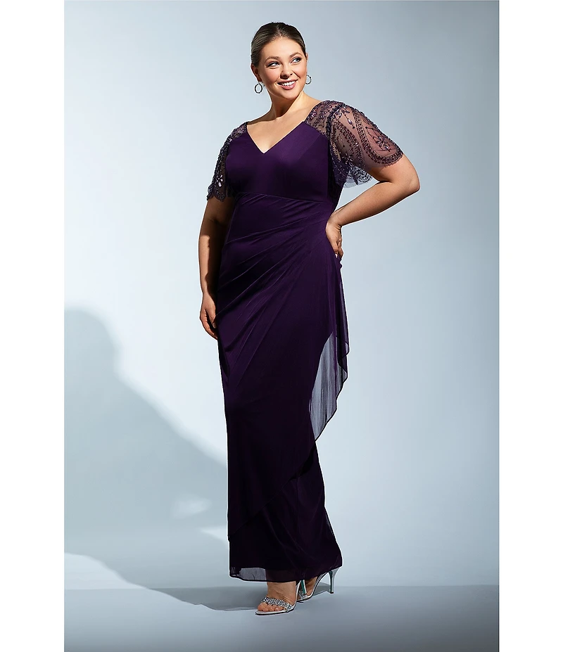 Xscape Plus Size Beaded Short Flutter Sleeve V-Neck Jersey Gown