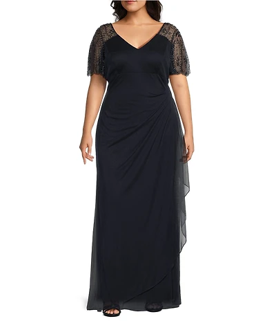 Xscape Plus Size Beaded Short Flutter Sleeve V-Neck Jersey Gown