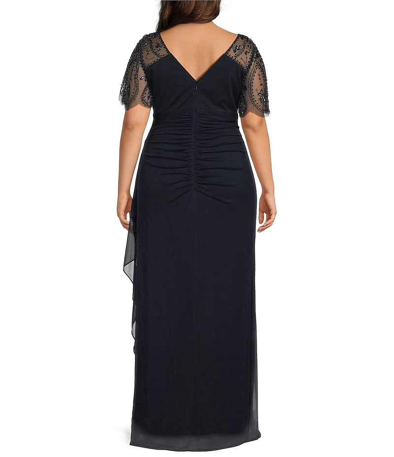 Xscape Plus Size Beaded Short Flutter Sleeve V-Neck Jersey Gown