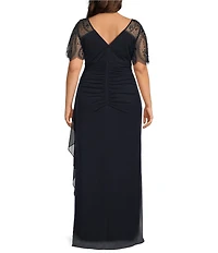 Xscape Plus Size Beaded Short Flutter Sleeve V-Neck Jersey Gown