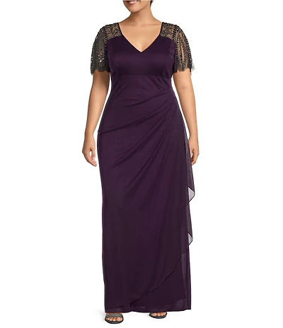 Xscape Plus Size Beaded Short Flutter Sleeve V-Neck Jersey Gown