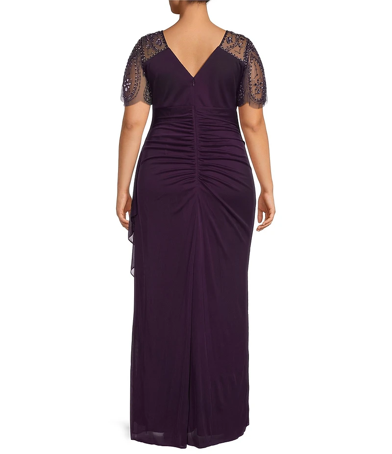 Xscape Plus Size Beaded Short Flutter Sleeve V-Neck Jersey Gown