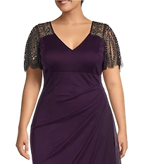 Xscape Plus Size Beaded Short Flutter Sleeve V-Neck Jersey Gown