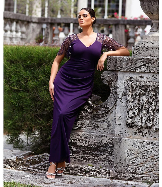 Compare Xscape Plus Size Beaded Short Flutter Sleeve V-Neck Jersey Gown | Hamilton Place Compare Xscape Plus Size Beaded Short Flutter Sleeve V-Neck Jersey Gown | Hamilton Place