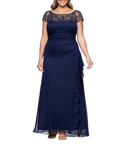 Xscape Plus Size Boat Neck Short Sleeve Mesh Beaded Yoke Gown