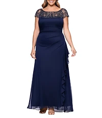 Xscape Plus Size Boat Neck Short Sleeve Mesh Beaded Yoke Gown
