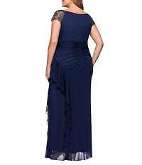 Xscape Plus Size Boat Neck Short Sleeve Mesh Beaded Yoke Gown