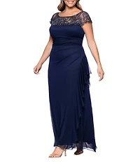 Xscape Plus Size Boat Neck Short Sleeve Mesh Beaded Yoke Gown