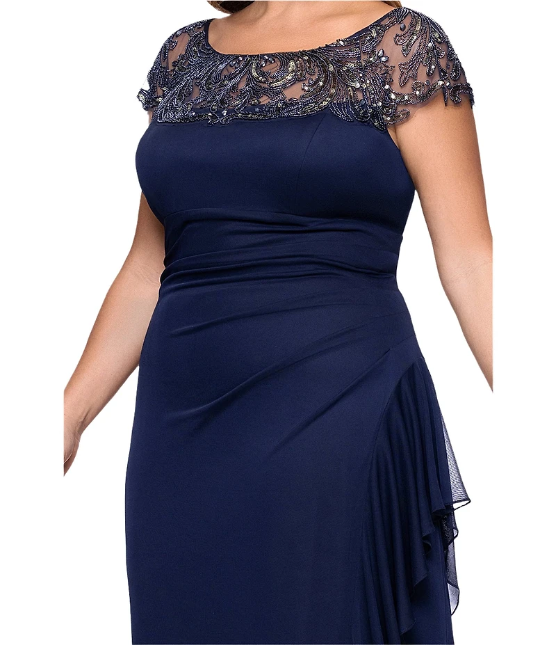 Xscape Plus Size Boat Neck Short Sleeve Mesh Beaded Yoke Gown