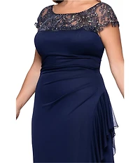 Xscape Plus Size Boat Neck Short Sleeve Mesh Beaded Yoke Gown