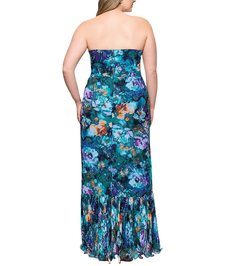 Xscape Plus Size Chiffon Strapless Floral Print Wrap Front Ruffle Dress