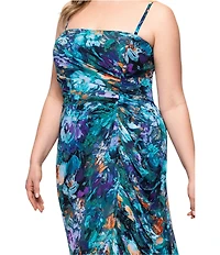 Xscape Plus Size Chiffon Strapless Floral Print Wrap Front Ruffle Dress