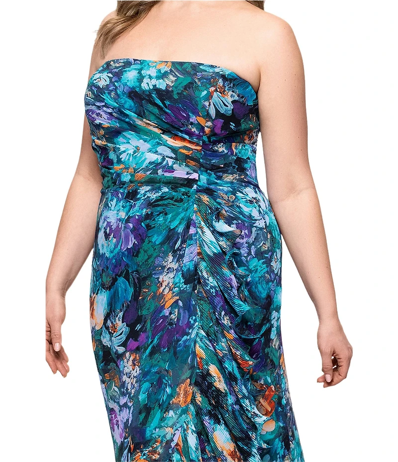 Xscape Plus Size Chiffon Strapless Floral Print Wrap Front Ruffle Dress