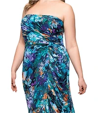 Xscape Plus Size Chiffon Strapless Floral Print Wrap Front Ruffle Dress