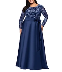 Xscape Plus Size Floral Sequin Embroidered Mesh Long Sleeve Satin Tie Waist Ball Gown