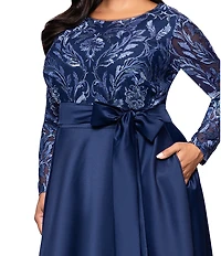 Xscape Plus Size Floral Sequin Embroidered Mesh Long Sleeve Satin Tie Waist Ball Gown