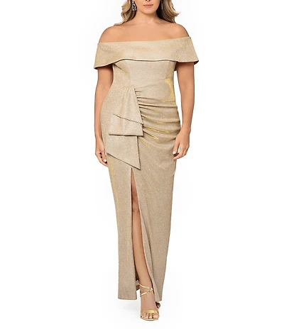 Xscape Plus Size Glitter Metallic Off-The-Shoulder Short Sleeve Gathered Ruffle Side Slit Sheath Gown