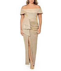 Xscape Plus Size Glitter Metallic Off-The-Shoulder Short Sleeve Gathered Ruffle Side Slit Sheath Gown