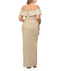 Xscape Plus Size Glitter Metallic Off-The-Shoulder Short Sleeve Gathered Ruffle Side Slit Sheath Gown