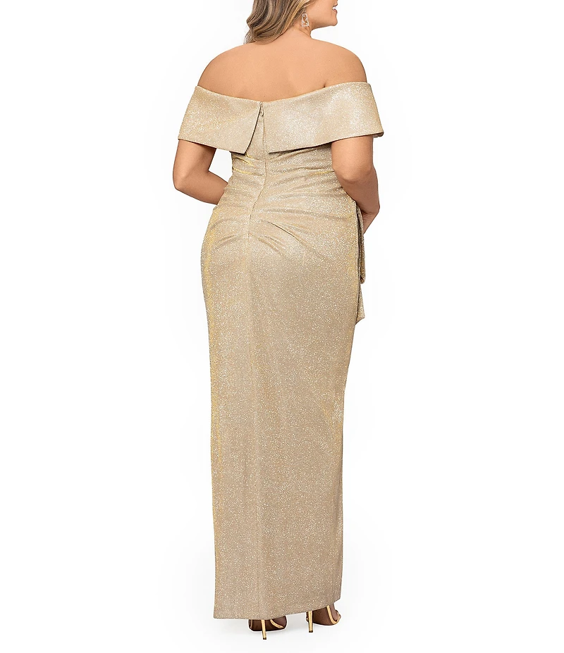 Xscape Plus Size Glitter Metallic Off-The-Shoulder Short Sleeve Gathered Ruffle Side Slit Sheath Gown
