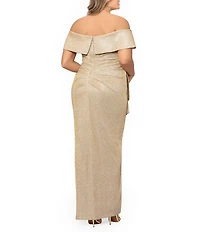 Xscape Plus Size Glitter Metallic Off-The-Shoulder Short Sleeve Gathered Ruffle Side Slit Sheath Gown