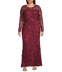 Xscape Plus Size Illusion 3D Mesh Flower Pattern Crew Neck Long Sleeves A-Line Gown