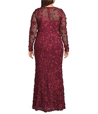 Xscape Plus Size Illusion 3D Mesh Flower Pattern Crew Neck Long Sleeves A-Line Gown