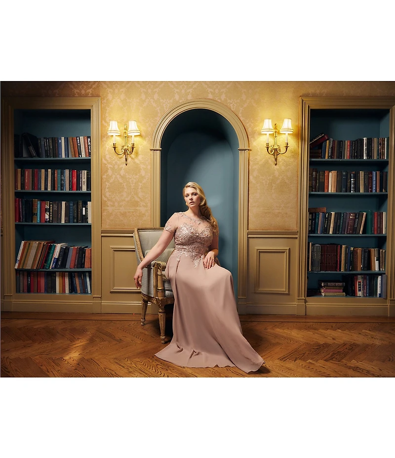 Xscape Plus Size Illusion Boat Neck Embroidered Sequin Bodice Chiffon Gown