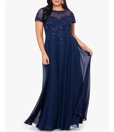 Xscape Plus Size Illusion Boat Neck Embroidered Sequin Bodice Chiffon Gown