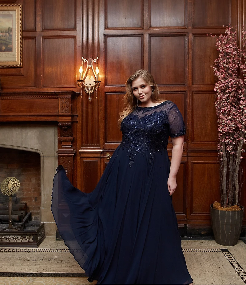 Xscape Plus Size Illusion Boat Neck Embroidered Sequin Bodice Chiffon Gown