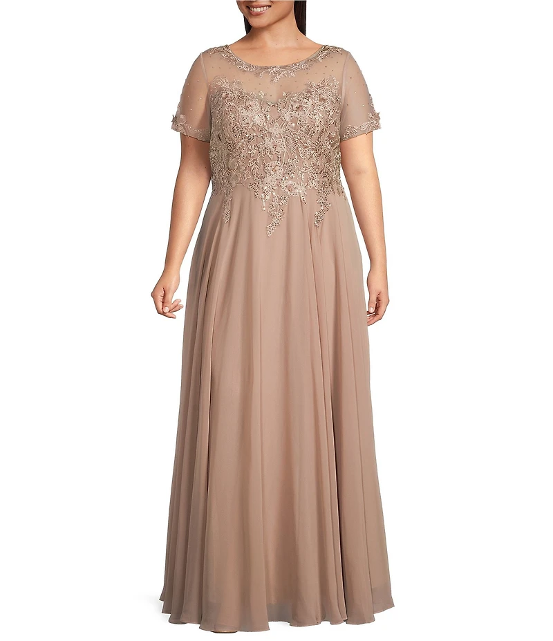 Xscape Plus Size Illusion Boat Neck Embroidered Sequin Bodice Chiffon Gown