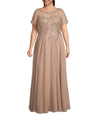 Xscape Plus Size Illusion Boat Neck Embroidered Sequin Bodice Chiffon Gown