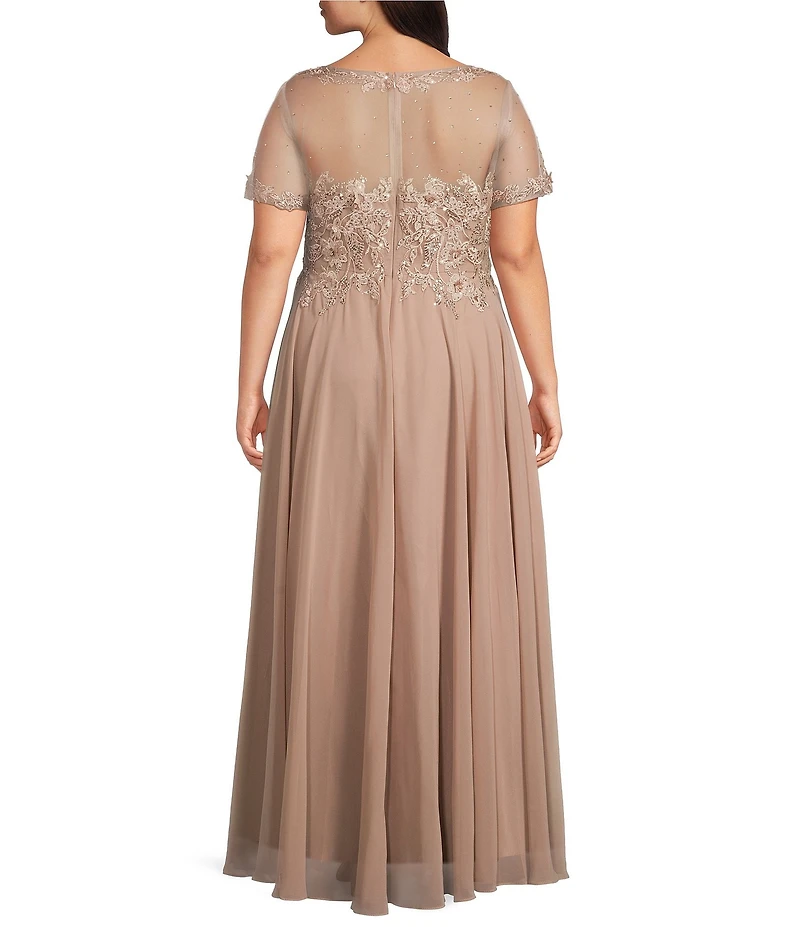 Xscape Plus Size Illusion Boat Neck Embroidered Sequin Bodice Chiffon Gown