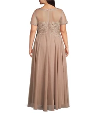 Xscape Plus Size Illusion Boat Neck Embroidered Sequin Bodice Chiffon Gown
