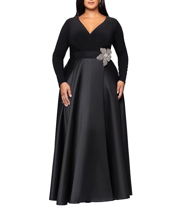 Xscape Plus Size ITY Jersey V-Neck Long Sleeve Floral Applique Satin Gown  at Hamilton Place in Chattanooga, TN