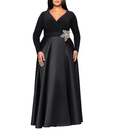 Xscape Plus Size ITY Jersey V-Neck Long Sleeve Floral Applique Satin Gown