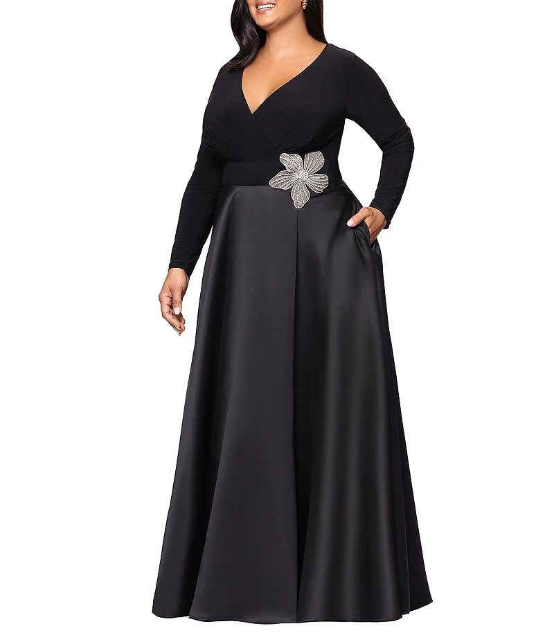 Xscape Plus Size ITY Jersey V-Neck Long Sleeve Floral Applique Satin Gown