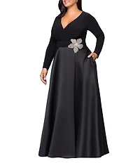 Xscape Plus Size ITY Jersey V-Neck Long Sleeve Floral Applique Satin Gown