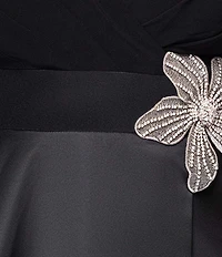 Xscape Plus Size ITY Jersey V-Neck Long Sleeve Floral Applique Satin Gown