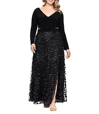 Xscape Plus Size Jersey Knit Long Sleeve V-Neck Top 3D Flower Skirt Gown